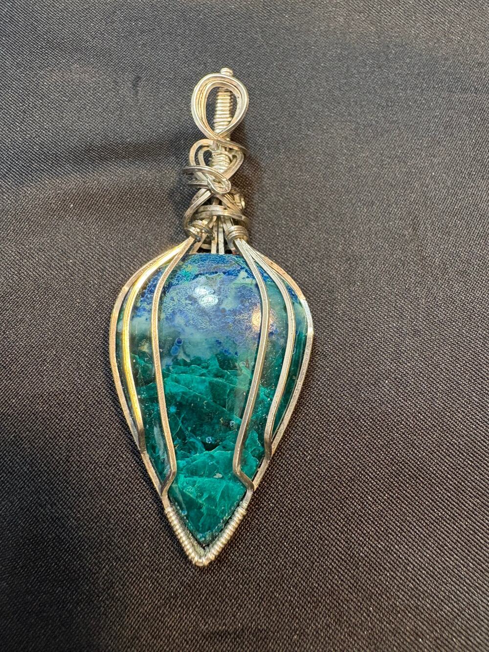 Large Sterling Silver Wire-Wrapped Chrysocolla & Azurite Pendant